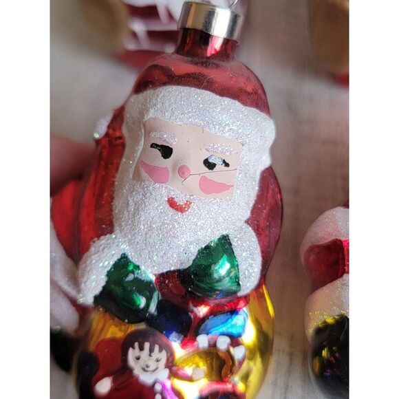Blown glass Santa Claus chimney toy bag ornament set glitter Xmas - Picture 5 of 8